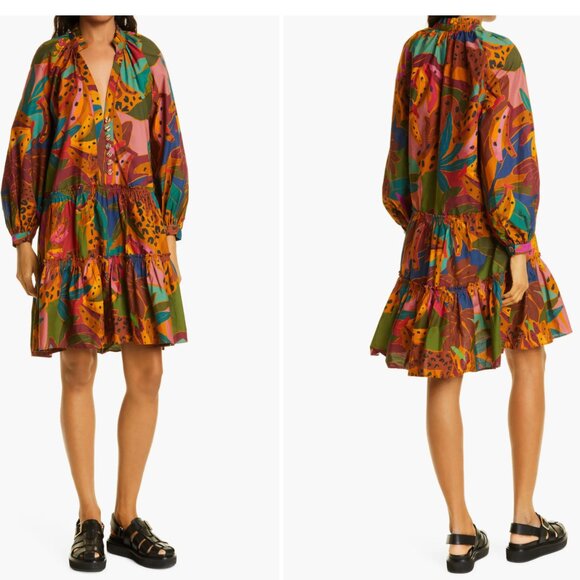 Farm Rio Organic Cotton Leopard Tropical Print Mini Dress Size Small - Picture 1 of 11